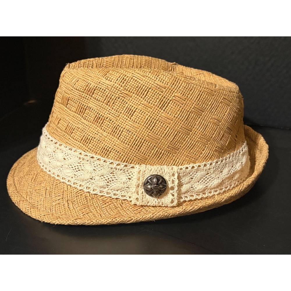 Harley-Davidson Womens Tan Straw Fedora Hat Lace Band Metal Button Size Large
